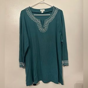 Charter Club Teal 3/4 Sleeve Beaded Neckline Blouse Size 2X